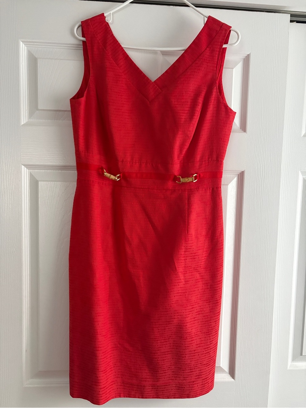 Tahari Red V-Neck Sheath Dress with Gold Accents